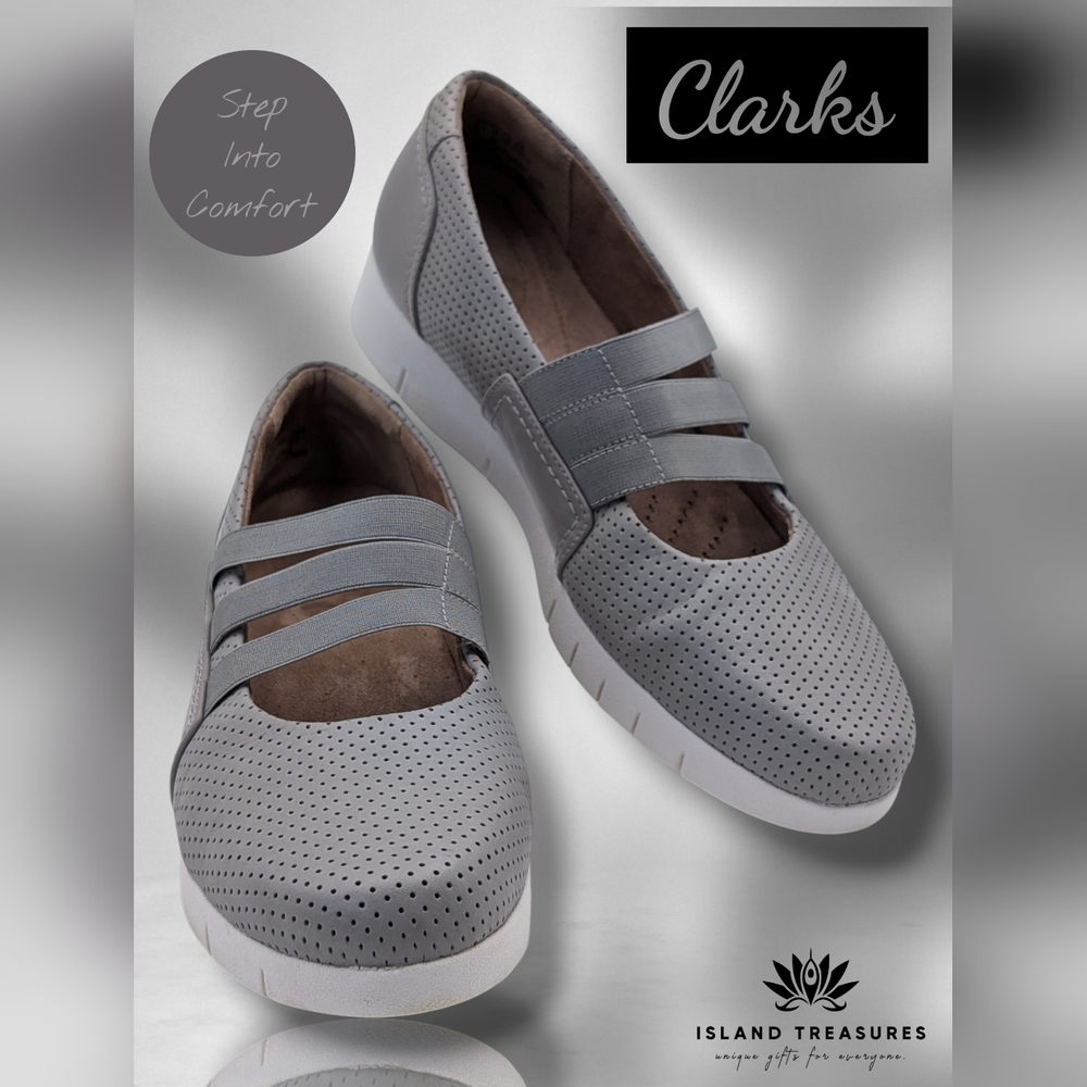 Clarks Daelyn City Women Sz 9M Stone Grey Leather Elastic Gore Slip-On Cushioned